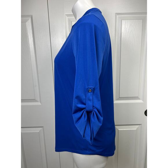 Ellen Tracy Women's Blouse Medium Persian Blue Zip Front Relaxed Fit Long Sleeve - Picture 3 of 10